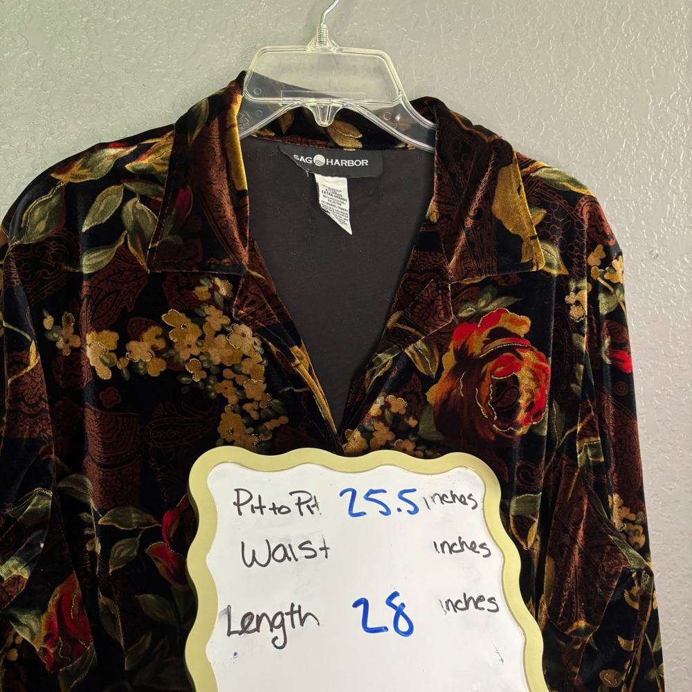 Vintage XL Sag Harbor Velvet Button Up Top Floral Rose Dark Fairy Grannycore - Picture 6 of 6